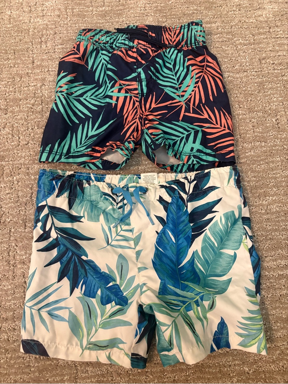 2 pairs  Boys Tropical Leaf Swim Trunks - Navy, Coral, Teal, White, Blue